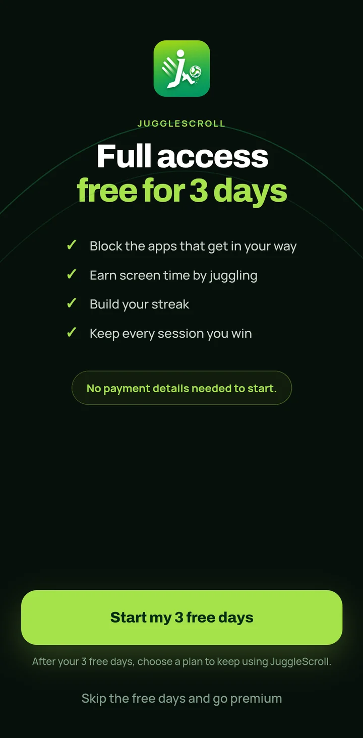 JuggleScroll's free-access screen: full access free for three days, no payment details needed to start.